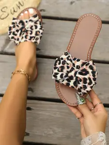Summer New Style Leopard Print Bow Flat Sandals for Women, Trendy Outdoor Wear, Comfortable and Stylish Footwear for Ladies