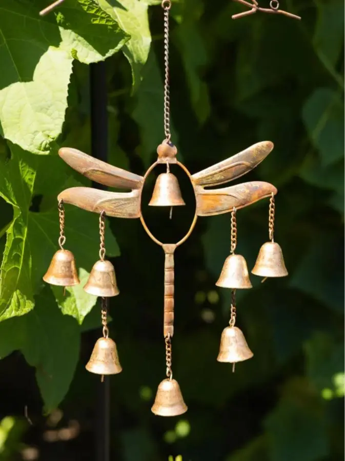 Vintage Metal Dragonfly Wind Chimes, Rustic 7-Bell Handcrafted Farmhouse Ornament for Outdoor Garden, Patio & Porch Decor