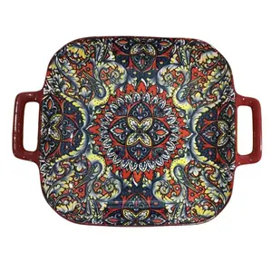 Boho Style Paisley Pattern Ceramic Plate, Vintage Style Square Plate with Handle, Decorative Plate for Home Kitchen Dining Room, Dinner Plates