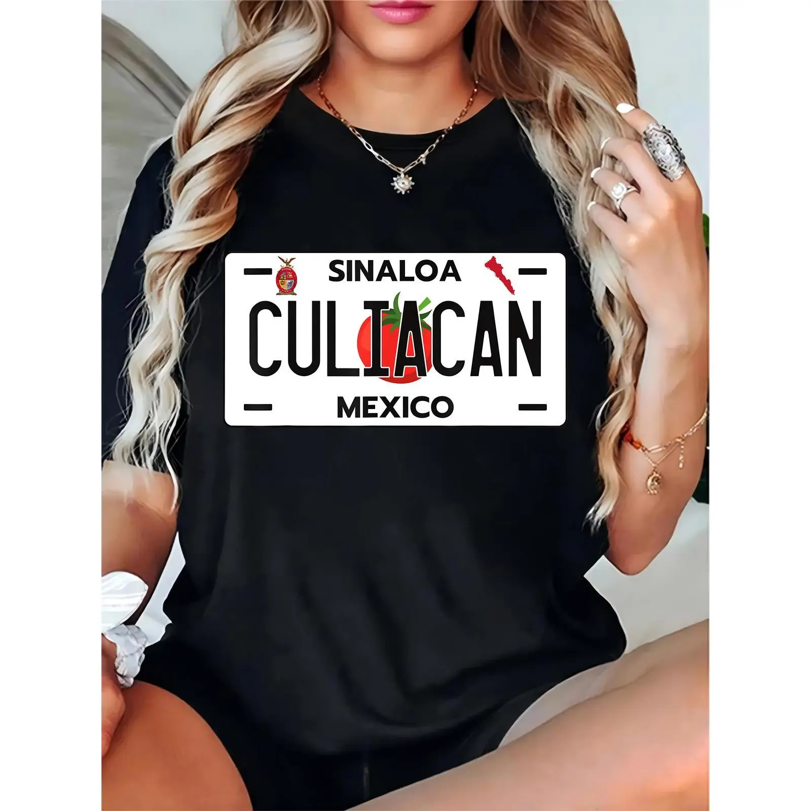 Women's Sinaloa Culiacan Mexico License Plate Tomato Graphic T-Shirt, Casual Mexican Pride Tee for Daily & Festival Wear 100% Cotton T-shirt