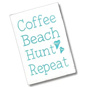 Anchored Soul Designs Coffee Beach Hunt Shark Teeth Repeat Sign Handmade Wooden Coastal Home Decor 8x5.5 Inches with Sawtooth Hanger