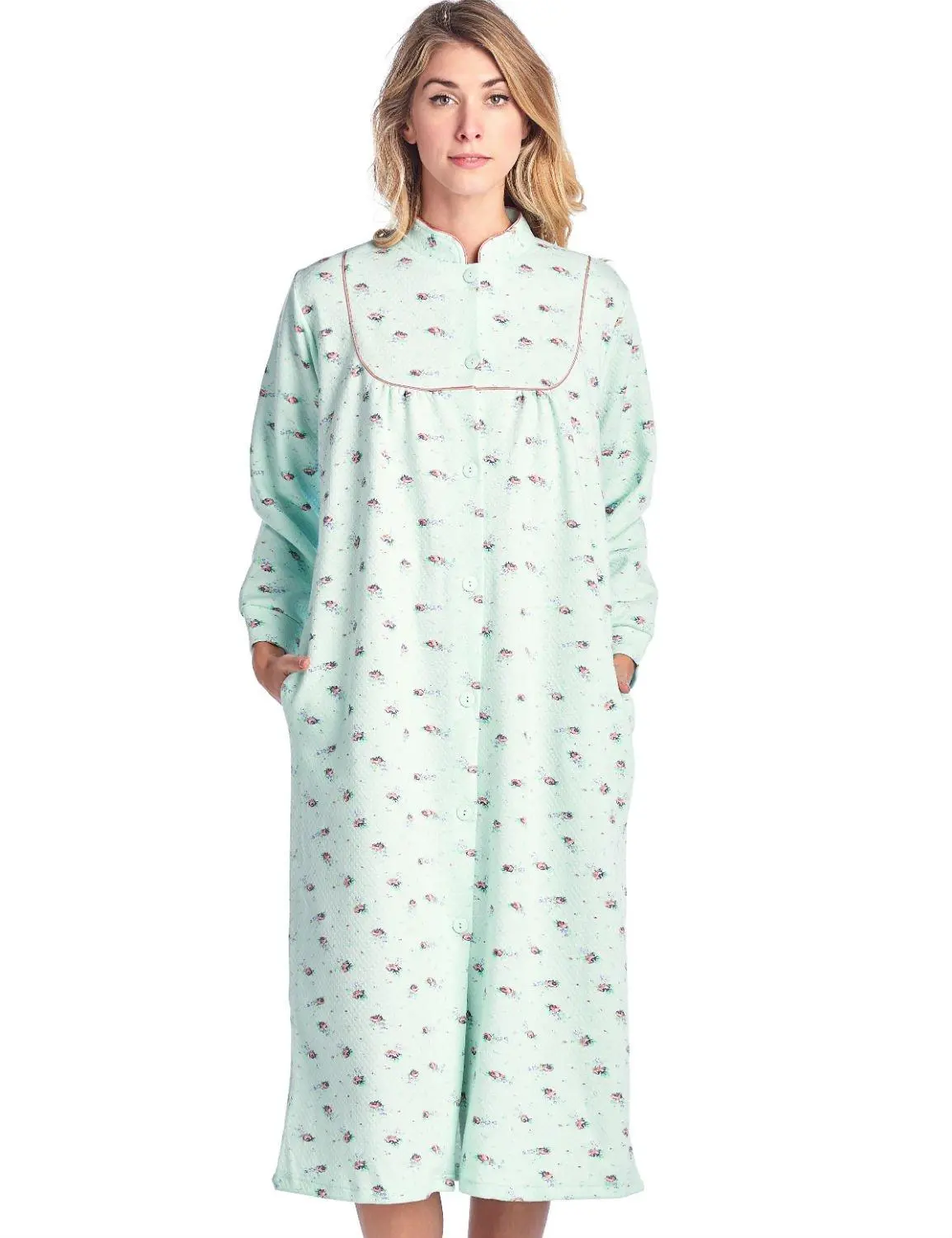 Casual Nights Women's Quilted Lounger Robe, Floral Embroidery Cotton Blend House Coat, Lightweight Button-Down Style with Pockets, Nightwear, Loungewear, Housecoat Robe, Smooth, Fit, Lady