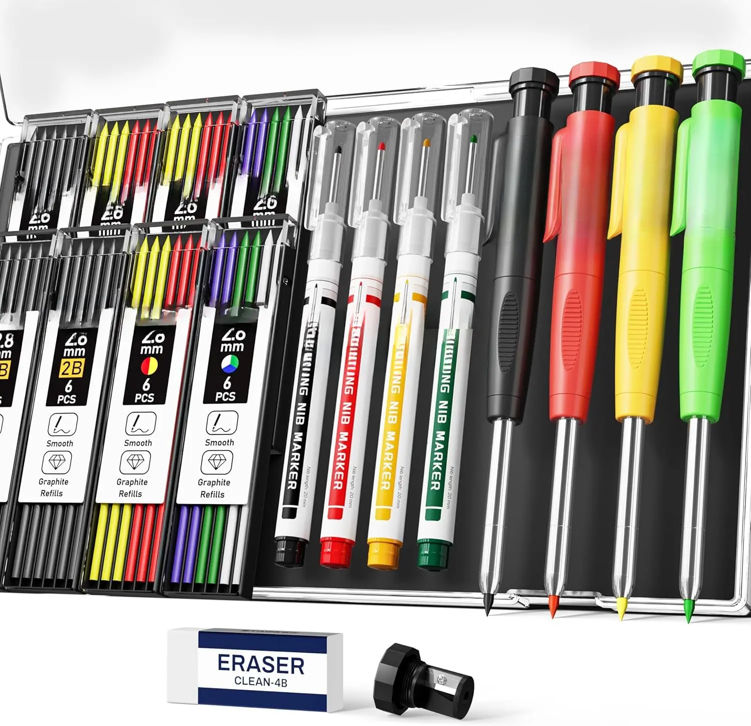 4 count Carpenter Pencils with Sharpener, Heavy Duty Woodworking Pencils, Mechanical Carpenter Pencil with 52 Refills, Deep Hole Long Nib Marker Pens for Architect Construction Marking with Case