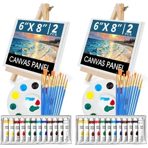 52PCS Acrylic Paint Canvas Set, Acrylic Painting Kit with 2 Sets of 12 Colors Acrylic Paint, Paint Brushes, Canvas, Wooden Easels, Art Plates, Art Painting Supplies for Kids Adults Beginners
