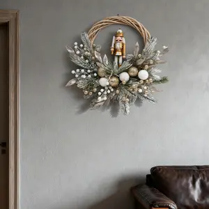24" Christmas Wreath with Nutcracker & Berries, Outdoor Indoor Holiday Decor