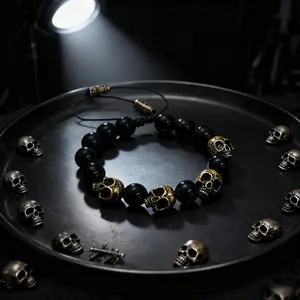 Men's Anti-Anxiety Skull Bracelet! Black Onyx Stress Relief Halloween Gift