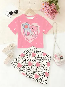 Girls' Cat Pattern Casual Fashion Summer Set, Cartoon Print Round Neck Short Sleeve T-Shirt & Pleated Skirt Two-Piece Outfit