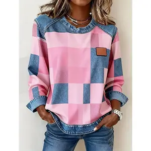 Women’s plaid print sweatshirt, casual street long-sleeve crewneck jumper for fall and winter, women’s top for daily wear