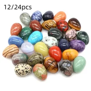 Natural Polished Stone Eggs Mini 20x15mm Easter Decoration DIY Craft Home Decor, Random Pattern, 12/24 Pieces Set