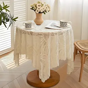 1pc Leaf Lace Tablecloth, 3D Leaf Pattern, Wave Edge Lace Trim, Decorative Table Cover for Dining Room, Living Room, Bedroom