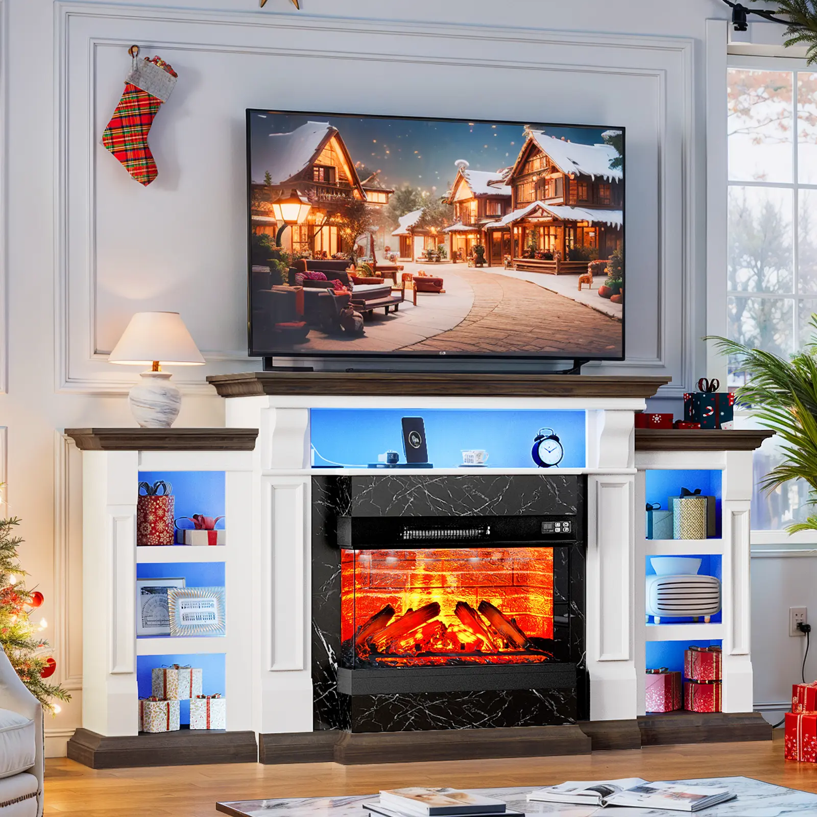LGHM 72'' Electric Fireplace With Fireplace Mantel, Farmhouse-Style TV stand With 23'' Tall Entertainment center with Charging Station &LED Lights, Fireplace Insert, Suitable For TVs Up To 80 ''，Black,white&browm,Insert for Living Room