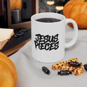 "JESUS PIECES" Unique Urban Artistic Ceramic Mug with Bold Graphics, Coffee Lover Gift, Home Decor, Customizable Drinkware, Art-Infused Kitchenware