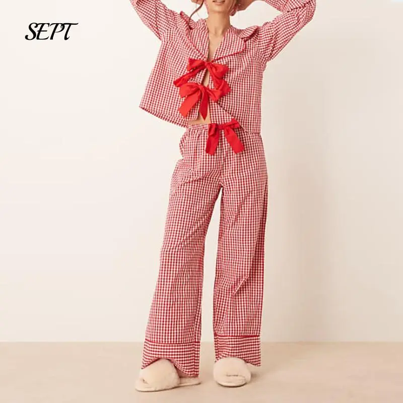 Women Christmas Cotton Bow Plaid Pajamas Set Long Sleeves With Elastic Waist Long Loose Pants 2piece Holiday Cute Clasic Fall Sets