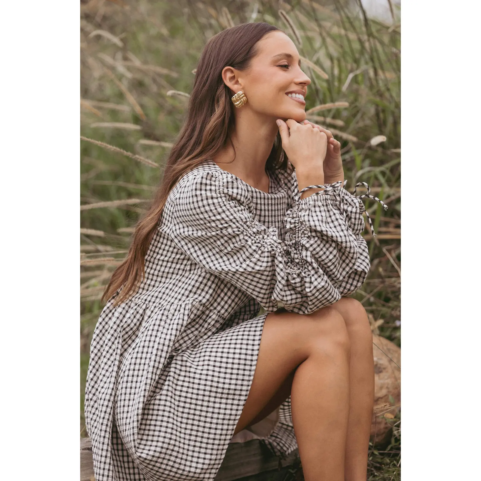 Micaela Long Sleeve Mini Dress - Black Gingham