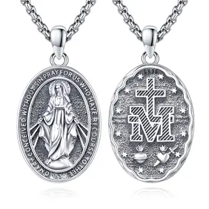 Audinceed Miraculous Medal Necklace for Women, 925 Sterling Silver Saint of Faith and Divine Catholic Medal Pendant Amulet Religious Jewelry Gift