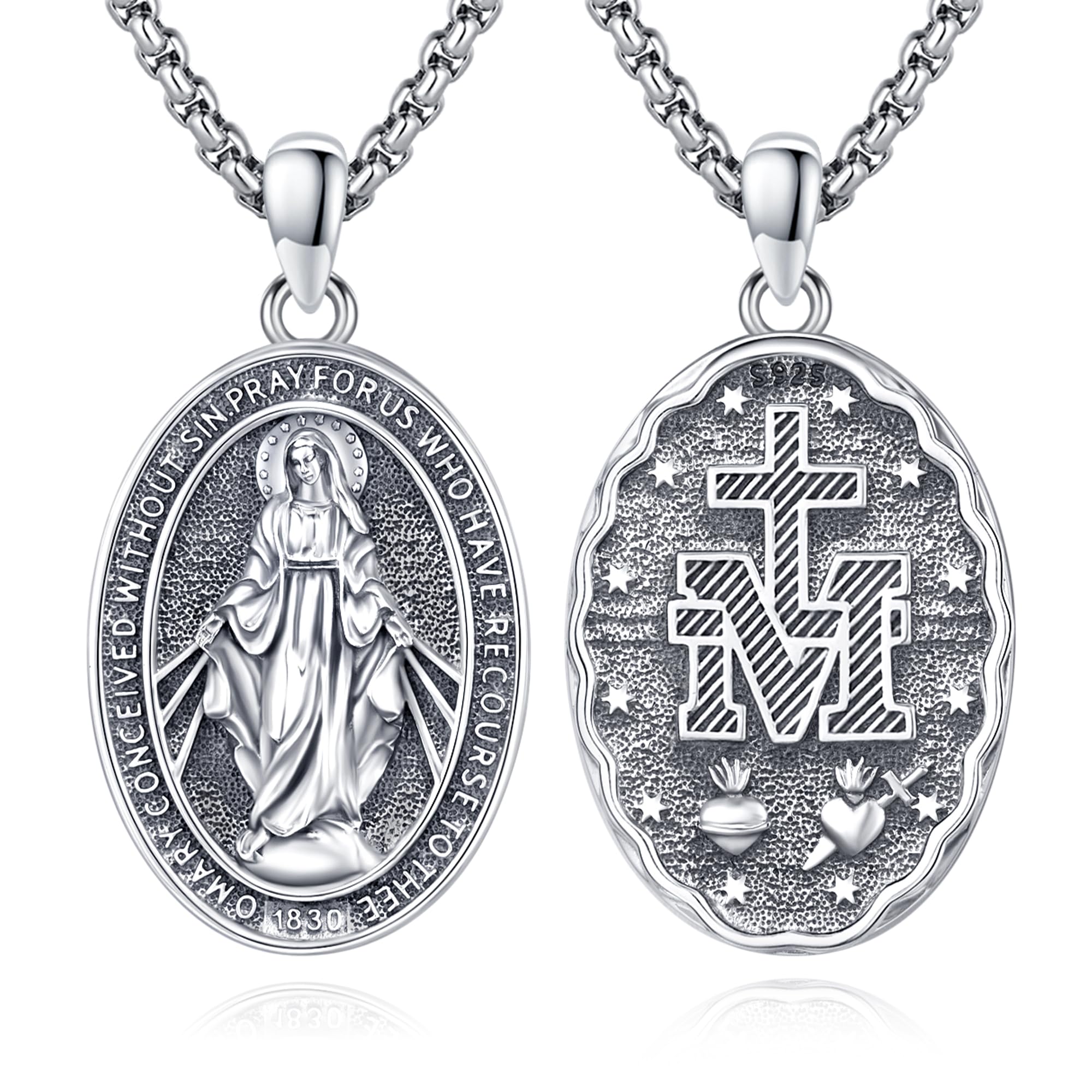 Audinceed Miraculous Medal Necklace for Women, 925 Sterling Silver Saint of Faith and Divine Catholic Medal Pendant Amulet Religious Jewelry Gift