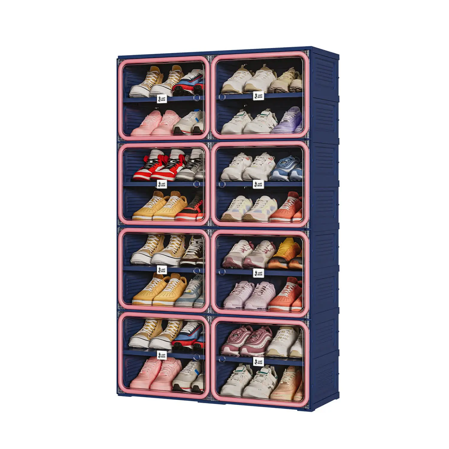 ANTBOX 8 Tier Colorful Shoe Storage Cabinet, Pink & Blue Stackable Foldable Shoe Organizer with Magnetic Clear Doors, Large Capacity Sneaker Storage Cabinet for Bedroom, Closet & Apartment