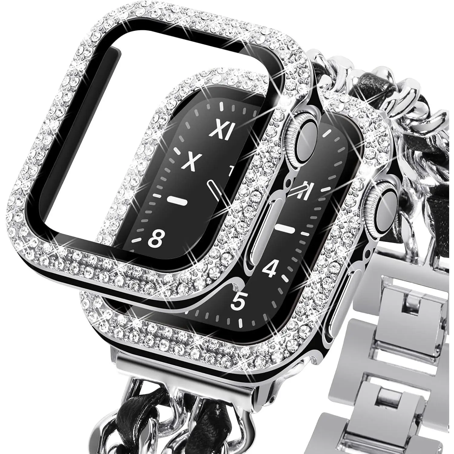 Compatible for Bling Apple Watch Protective Case with Built-in Screen Protector for Apple Watch 38mm iWatch Series 3 2 1 (38mm, Black w/Silver Edge)