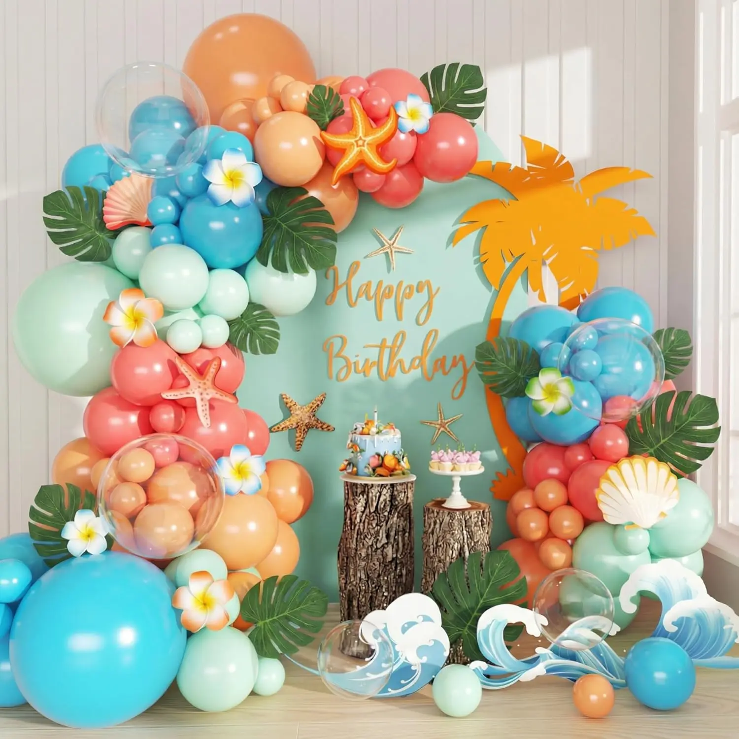 134Pcs Tropical Balloon Arch Kit Orange Blue Red Green Clear Palm Leaves Hawaiian Luau Party Decor