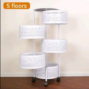 5-Tier Large Capacity Rotating Rolling Cart, Heavy Duty Round Metal Storage Tower with 360° Locking Wheels, Rust-Proof Multi-Layer Floor Utility Rack for Kitchen, Office & Bathroom, Garden Utility Rack, Utility Racks