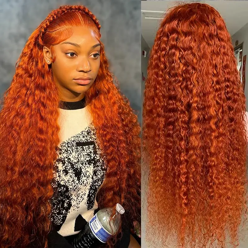 Hoyrhra 1-Piece Real Human Hair Lace Frontal Wig, #350 Orange Ginger 13x6 Transparent Lace Deep Wave, 180 Density Pre Plucked Wig with Natural Hairline & Baby Hair, Pre Plucked Wigs