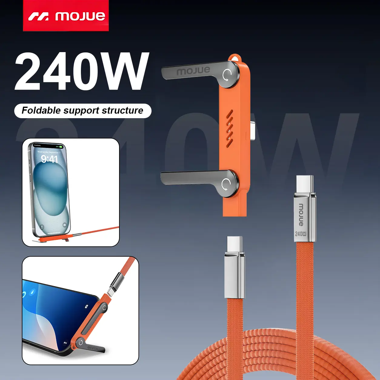 MOJUE Mobile charger, 2-in-1 invisible stand charger cable, 240W woven fast charging cable, built-in phone stand, 240W fast charging cable suitable for Android and iPhone phones, USB-C 240