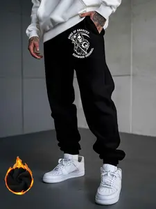 Men's Sons of Anarchy Graphic Joggers - Black Casual Printed Drawstring Pants with Skull & Letter Design, Cozy Polyester Blend