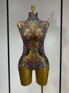 Rebecca Sparkly Colorful Rhinestones Crystal Leotard Luxury Birthday Outfit