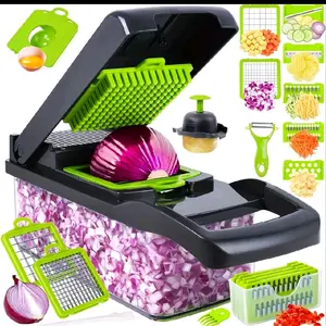 HOMEFINESSE Vegetable Chopper Onion Cutter 16 in 1 Professional Mandoline Slicer for Kitchen Multifunctional Food Chopper with Strainer Basket Blades Gray Utensils Stainless Steel Home Essential Gadget & Kitchen