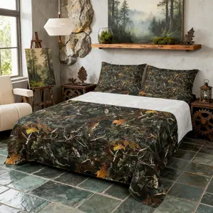 Natural Bed Sheets 4 Pcs for Room Decor Forest Woods Deep Pocket,1 Fitted Sheet 1 Flat Sheet,Nature Camo Tree Leaves Bedding Set,Green