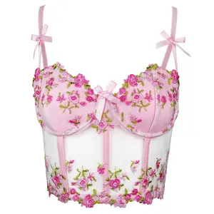 Sweetheart Floral Embroidery Pink Corset Bustier Bra Top for Women - Adjustable Straps - Bow Applique - Coquette