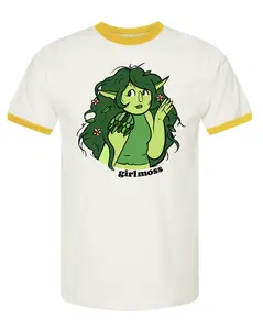 girlmoss yellow vintage style ringer in unisex. full color screen print.