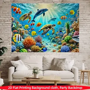 Ocean Life Theme Banner with Dolphins, Turtles, Coral, Polyester Photography Backdrop, Home Decor, Party Supplies, Multi-Use Summer Wall Hanging