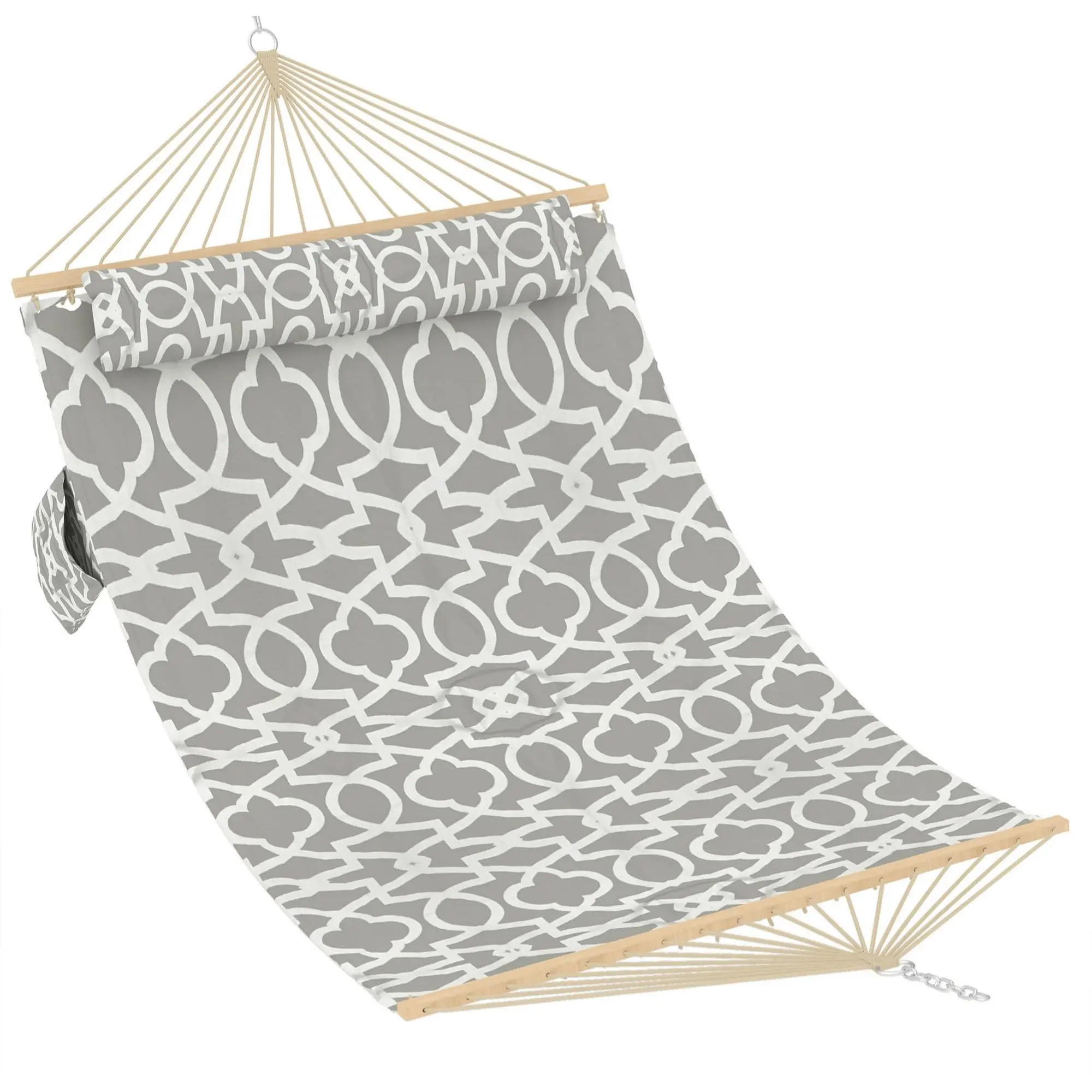 Large Hammock for 2 Adults with Wooden Spreader Bar, Quilted Swing Bed, Detachable Pillow & Chains, Outdoor & Indoor Relaxation for Patio, Garden,2x1.4m,Light Grey