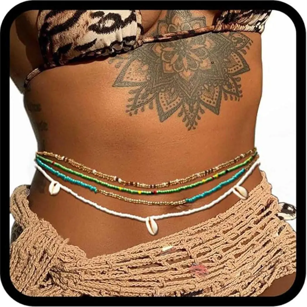 Shell Elastic Waist Beads Chain Colorful Stretchy Belly Bead Layered Beaded Bikini Beach Waist Chains for Women