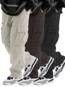 Men's Solid Flap Pocket Drawstring Cargo Pants, Unisex Casual Comfy Drawstring Loose Zipper Pants for Outdoor Daily Wear, Lounge wear Woven Bottoms for All Seasons