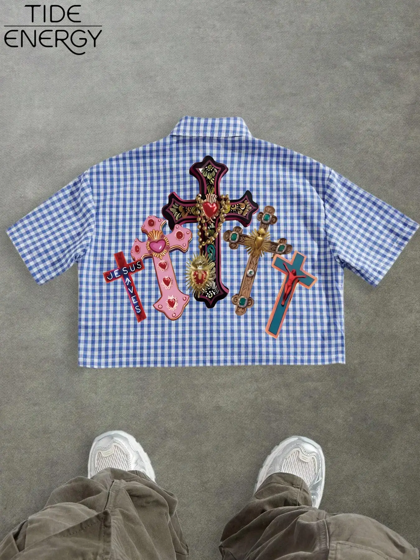 Men's Plaid Cross Patchwork Print Shirt Top, Y2K Vintage Short Sleeve Cardigan, Lightweight Breathable Casual Shirt for Daily Summer Wear, Menswear