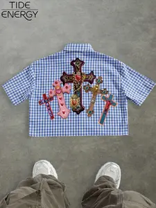 Men's Plaid Cross Patchwork Print Shirt, Y2K Vintage Short Sleeve Cardigan, Lightweight Breathable Casual Fashion Shirt for Daily Summer Wear