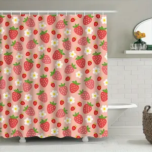HOT 1Pc Durable Polyester Strawberry Shower Curtain with Floral Pattern  Machine Washable  Large Fruit Print Bathroom Privacy Curtain with Free Hooks  All-Season Woven Bath Divider with Special Features
