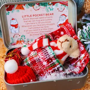 Christmas Pocket Bear Hug in a Box with Cheer Up Card, Mini Stuffed Teddy Bear with Stripe Scarves in Christmas Sleeping Quilt, Tiny Bears Christmas Eve Gifts, Christmas Decorations, Christmas Stocking Stuffers, Gift Box Set