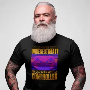 "Never Underestimate An Old Man With A Controller" Graphic Gaming T-Shirt - Experience Gaming Mastery!