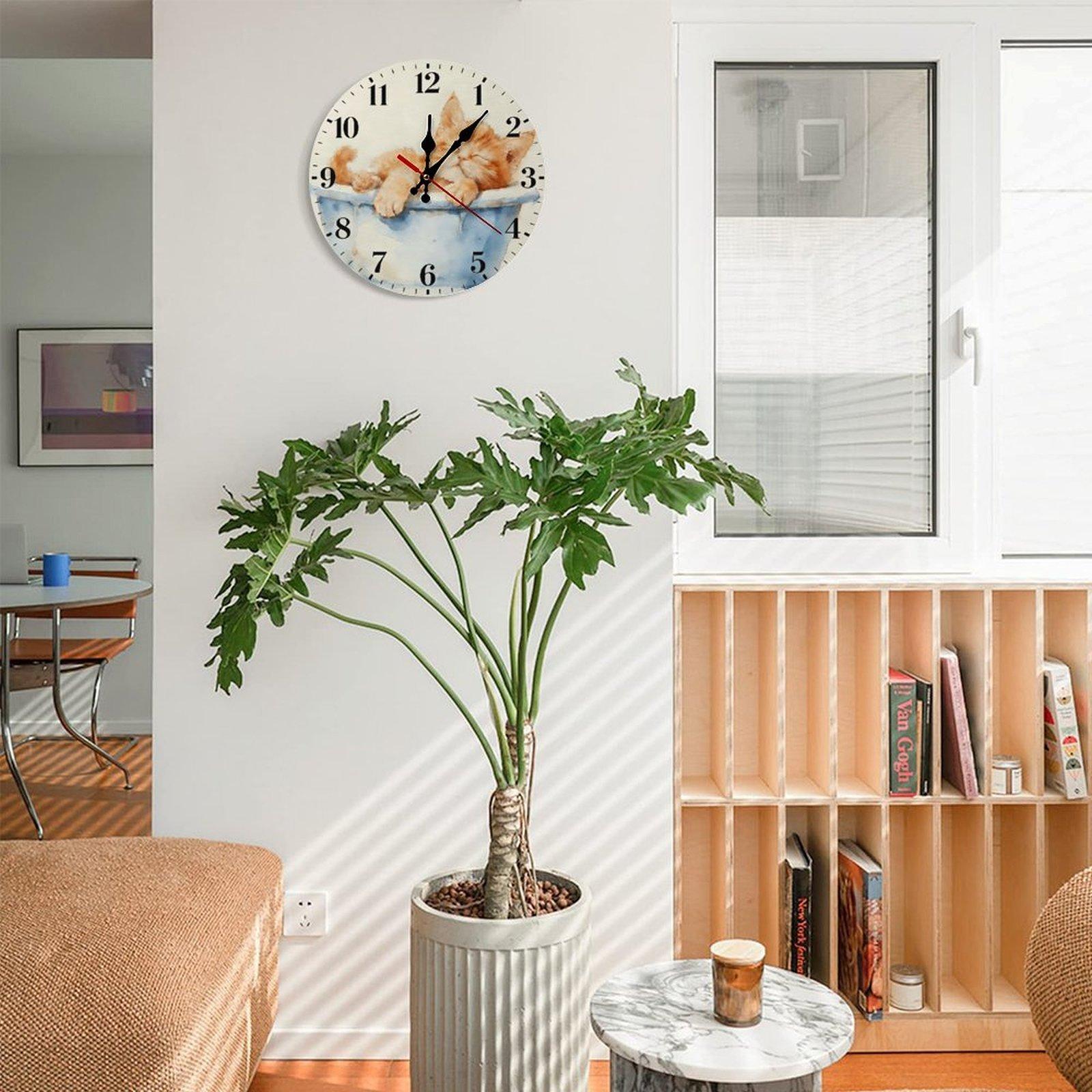 12 Inch Watercolor Sleeping Orange Cat Wall Clock, Silent Non-Ticking Quartz Wall Clock, Cute Kitten Animal Wall Watch for Home Living Room Bedroom Cat Lover Decor