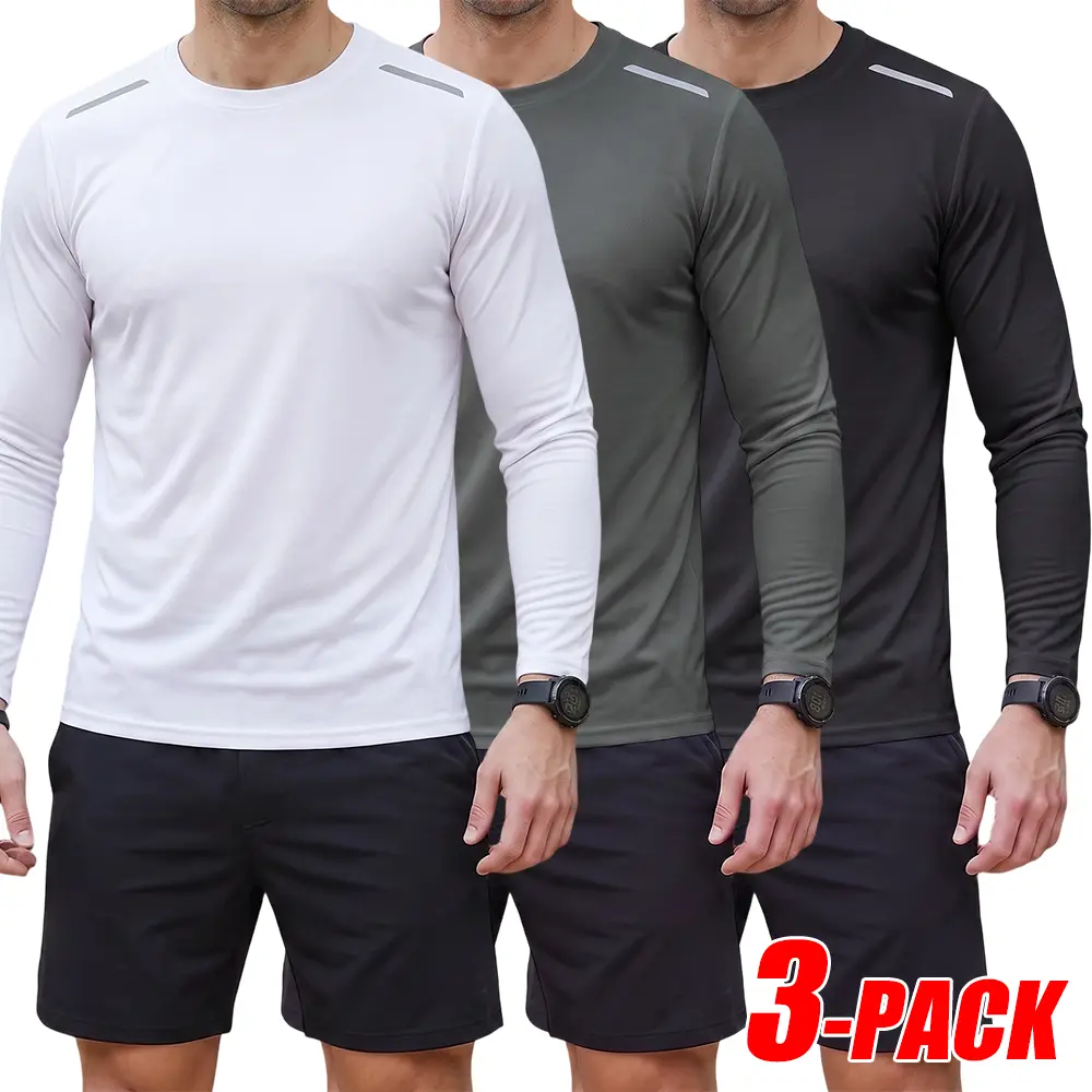 3-PACK Plain Reflective Accent Long Sleeve Sports Tops For Men, Lightweight Moisture Wicking Quick Dry Mesh Crew Neck Shirts, Minimal Urban Clean Fit Active Tees For Workout Travel Casual Everyday Wear Bundle
