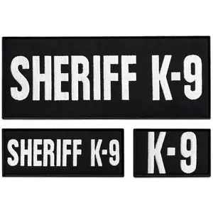 3Pcs Sheriff K9 Patch Set, Embroidered Black-and-White Tactical Patches with Hook Backing for Dog Harness, Vest, Jacket, Hat, Backpack — 10x4, 5x2, 3x2 Inches