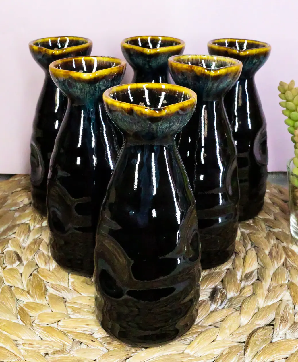 6-Piece Glazed Brown Ceramic Japanese Sake Tokkuri Waterfall Bottle Set, Stylish Kitchen & Tableware Drink Flask Set