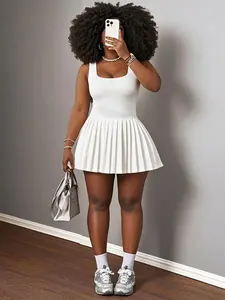 Women's Round Neck Sleeveless Dress, Pleated Short Skirt Design, Perfect for Parties and Dates, Casual Slim-Fitting Style, Date Night Dresses, Womenswear