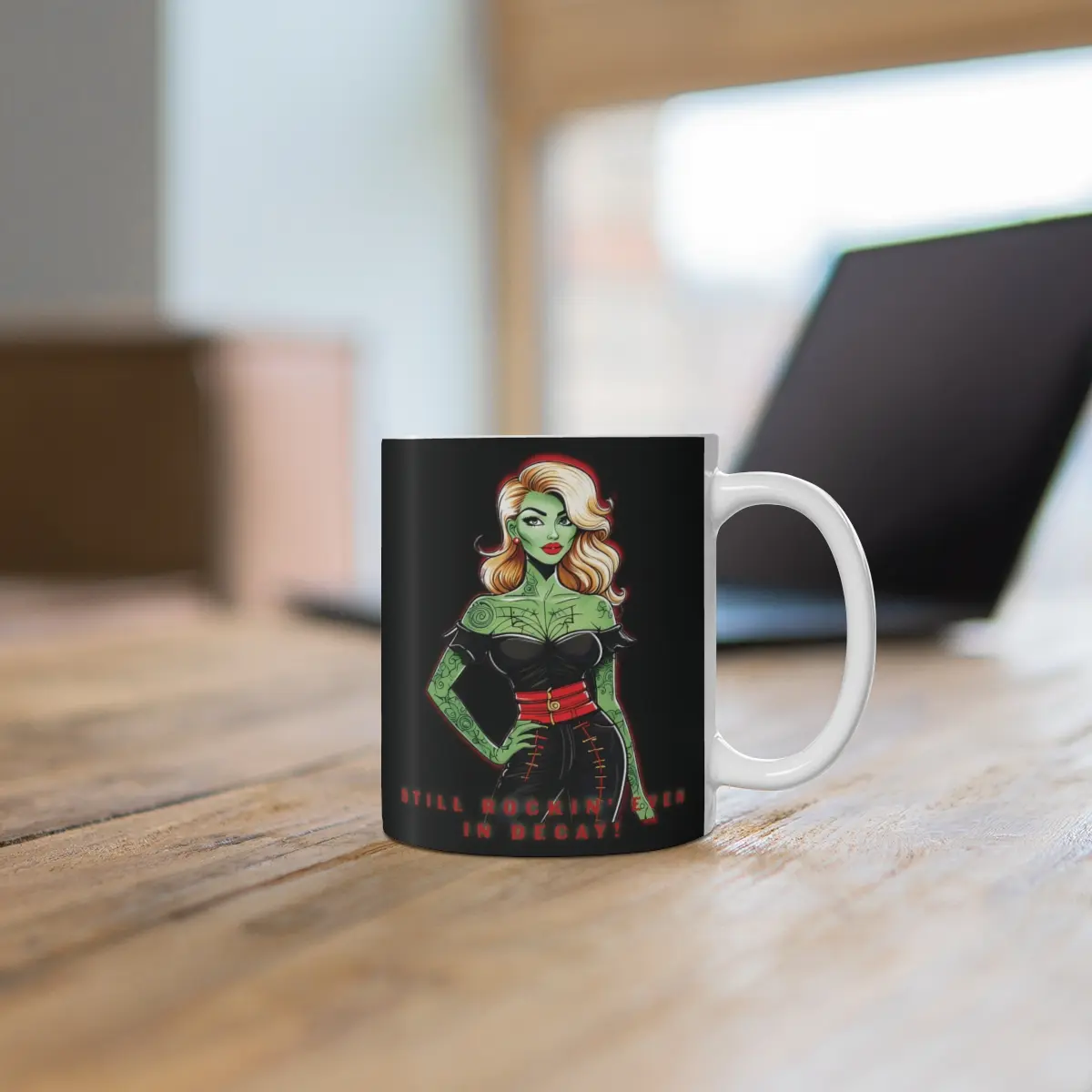 Still Rockin' Even in Decay Zombie Pinup Mug – Retro 1950s Blonde Green-Skinned Zombie Halloween Rockabilly Mug (11oz)