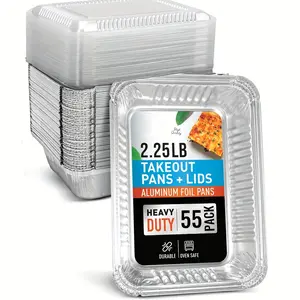 55 Pack 2.25 lb Aluminum Foil Pans with Clear Lids, 8.6 x 6.2 x 2.1 Disposable Aluminum Food Take Out Containers, Freezer Oven Safe Aluminum Baking Pan for Catering, Packaging