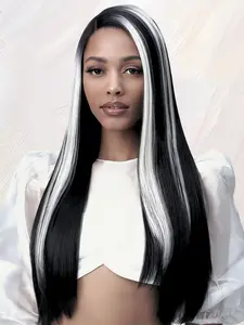 Black Mix Cream White Highlight Synthetic Lace Front Wigs Straight Natural Hairline Wig 13x4 HD Transparent Lace Wig Lace Frontal Wigs for Party Christmas Halloween Glueless Frontal Wig 28 Inch