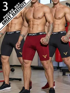 Men's 3-Pack Sports Shorts, Gold Bull Head Print, High Stretch Polyester & Spandex Blend, Solid Color Running Shorts, Athletic Wear Shorts, Breathable & Quick-Dry, Ideal for Basketball Training & Casual Wear